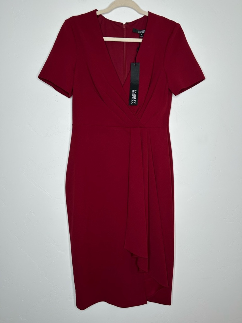 NWT Badgley Mischka Ruby Maroon V-Neck Midi Sheath Dress size 8 Office Cocktail